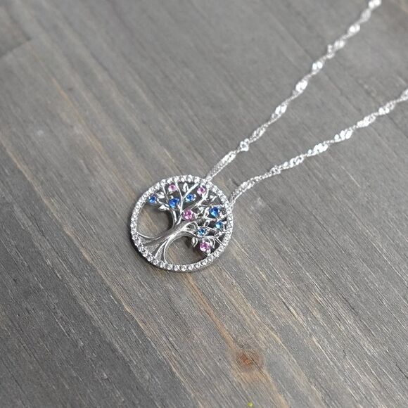 Sterling Silver Life Tree Birthstone Necklace Pink Blue CZ September October - Picture 3 of 8